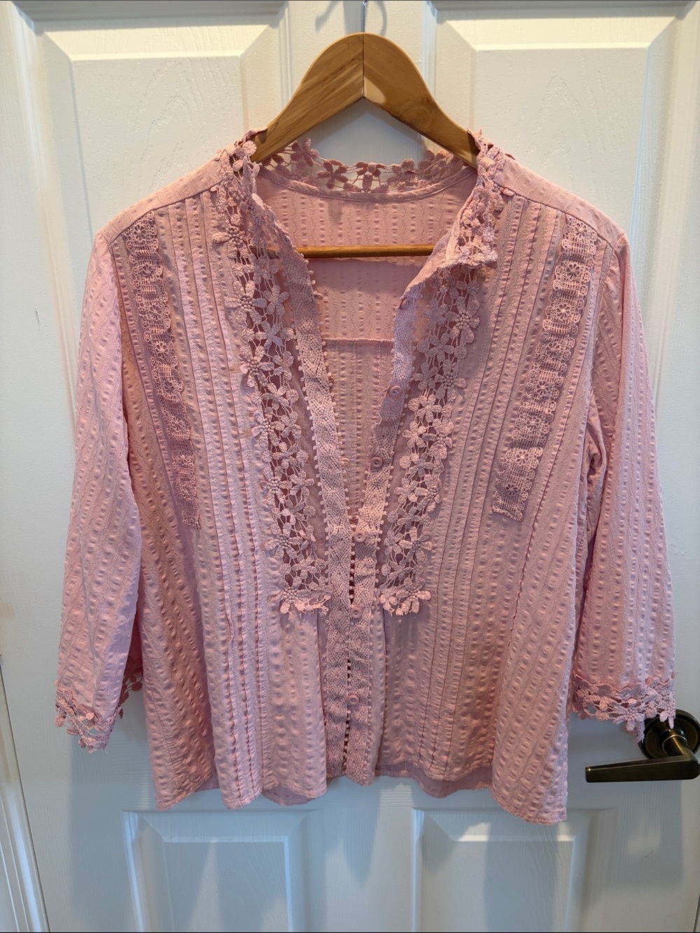 Women's Pink Crochet Trim Button-Front Top